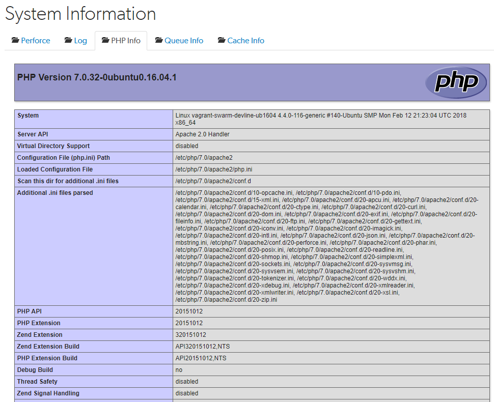 PHP Info tab